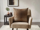 Brown geometric printed cushion cover featuring an abstract circular pattern in brown and beige tones
