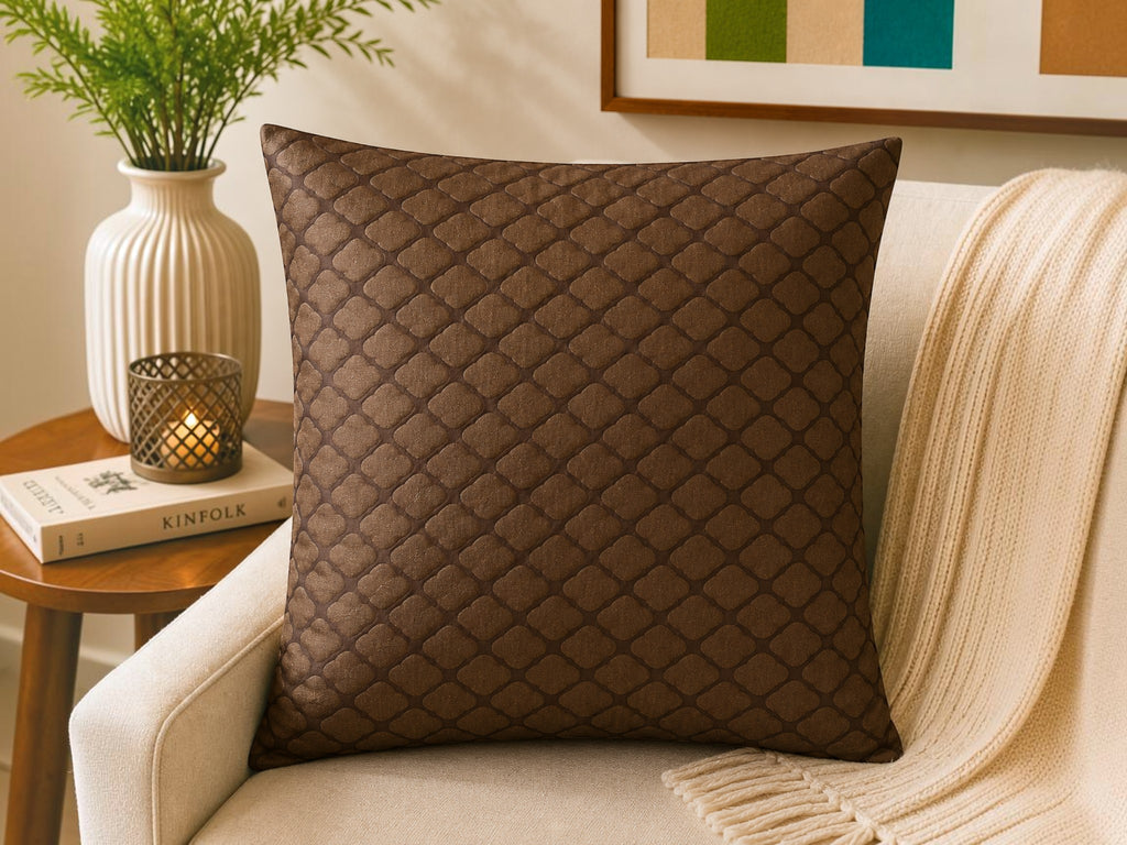 Brown reversible polysilk cushion cover featuring ornamental damask motif pattern