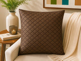 Brown reversible polysilk cushion cover featuring ornamental damask motif pattern