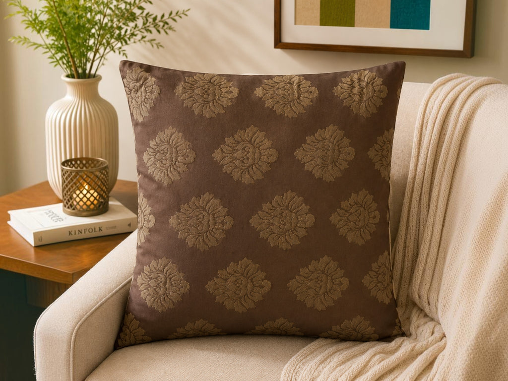 Brown reversible polysilk cushion cover with textured geometric pattern design