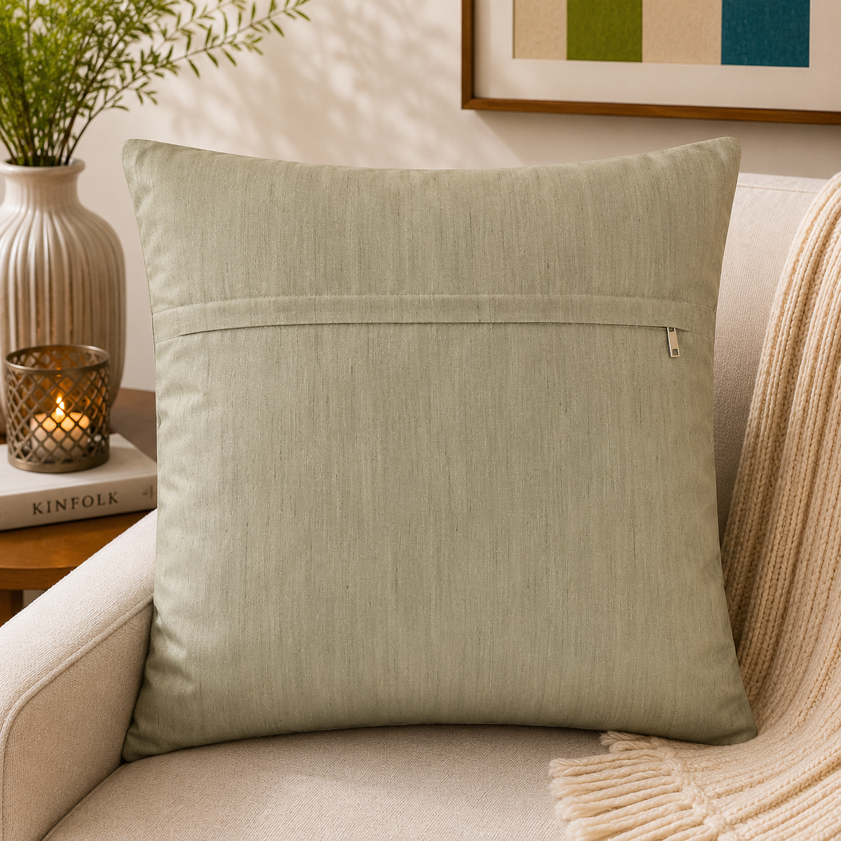 Same pale sage-green cushion cover, reverse side with concealed zip, staged on a sofa
