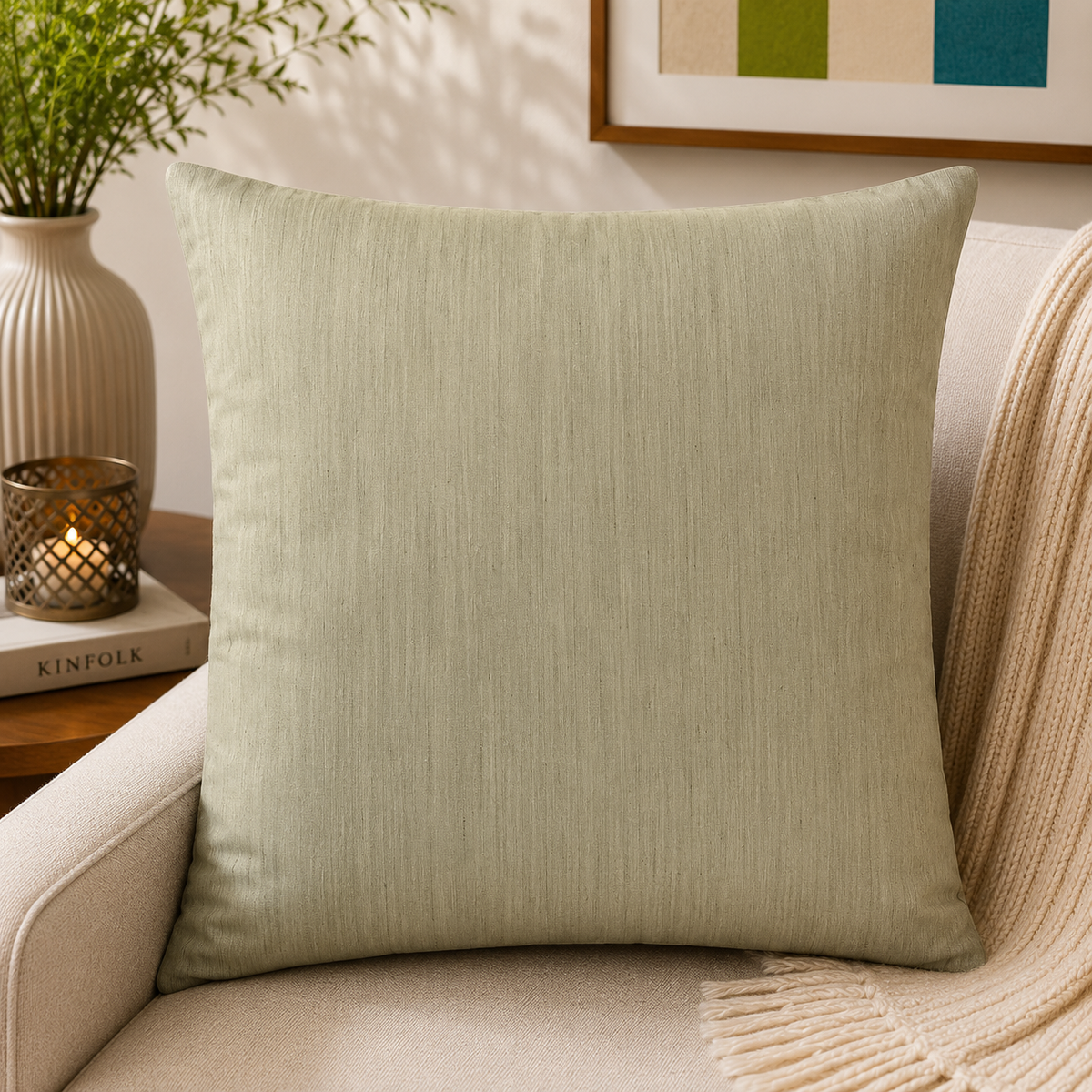 Pale sage-green plain cushion cover, shown staged on a sofa