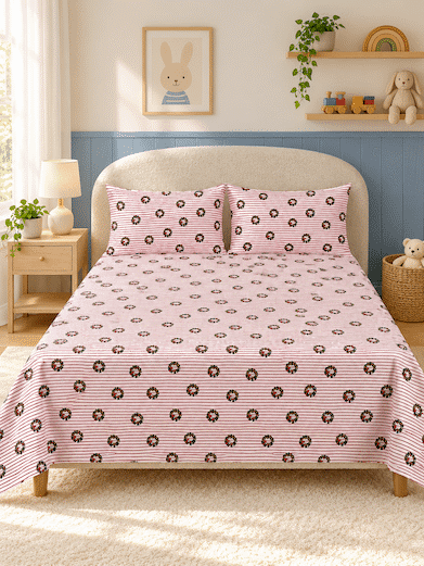 Red Bow Stripes Single-Size Cotton Bedsheet for Kids' Room