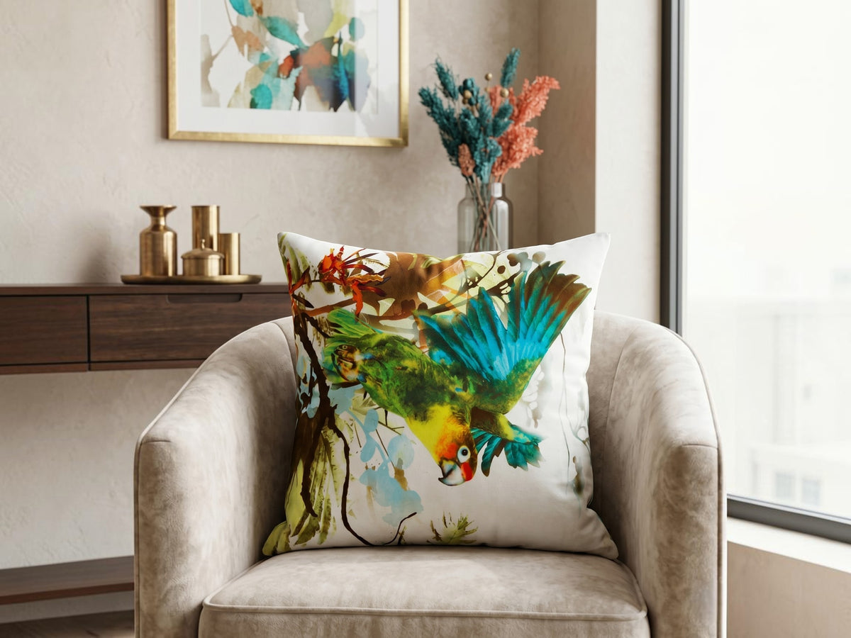 Cotton cushion cover featuring a colorful tropical parrot print with botanical foliage artwork on a light background