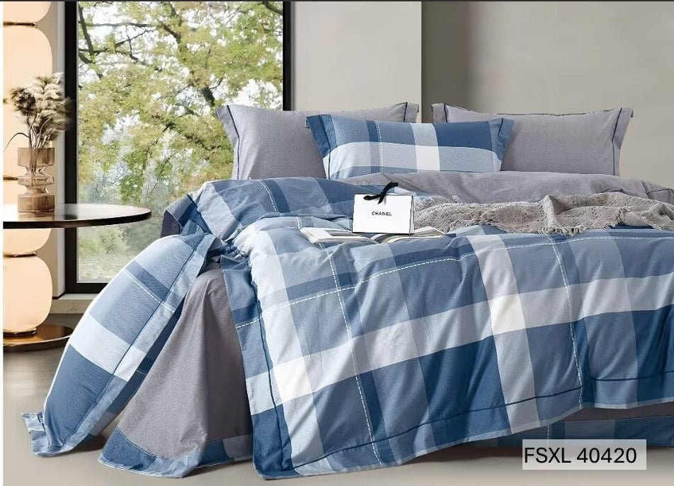 Blue and white buffalo check bedding with grey sheets, Four Seasons 350TC FSXL 40420