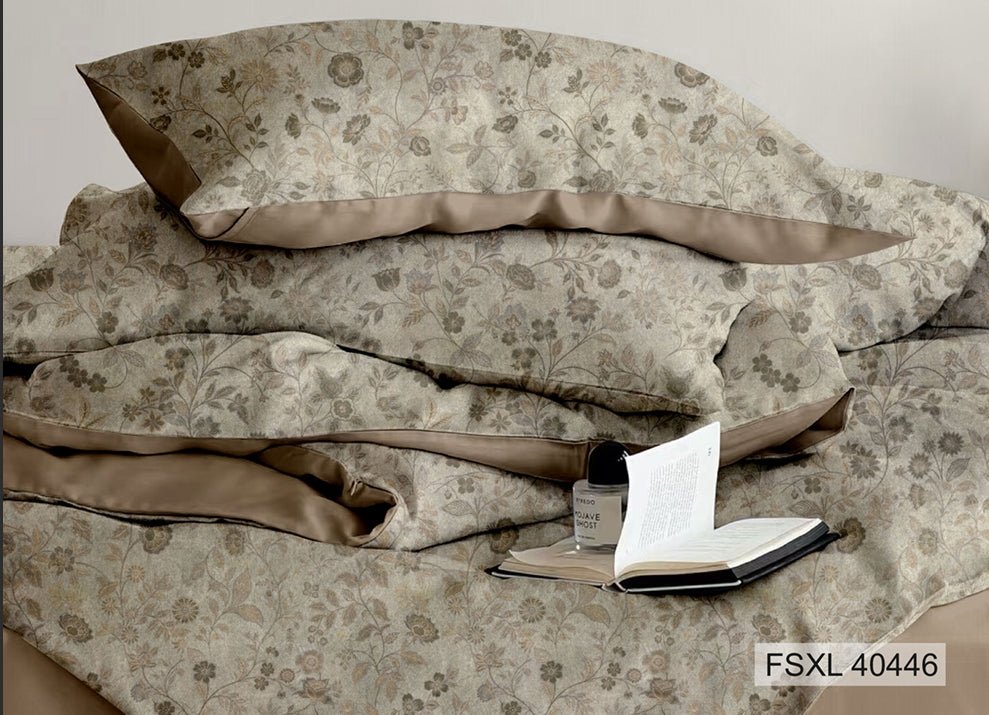 Stone beige tonal floral with taupe satin border, Four Seasons 350TC FSXL 40446