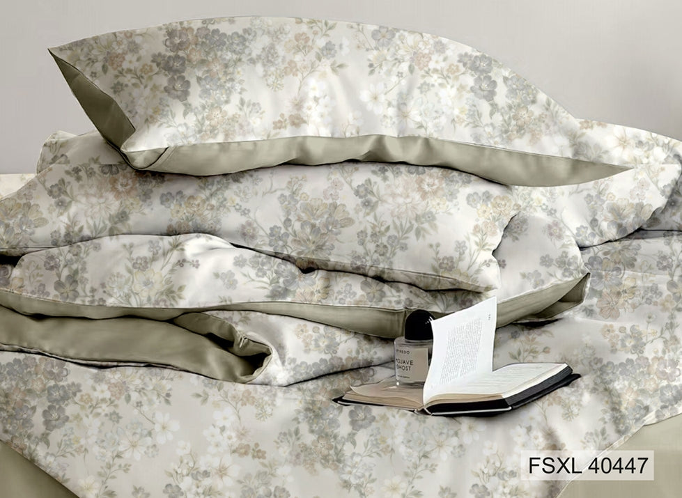 White bedsheet with soft grey rose floral and sage border, Four Seasons 350TC FSXL 40447