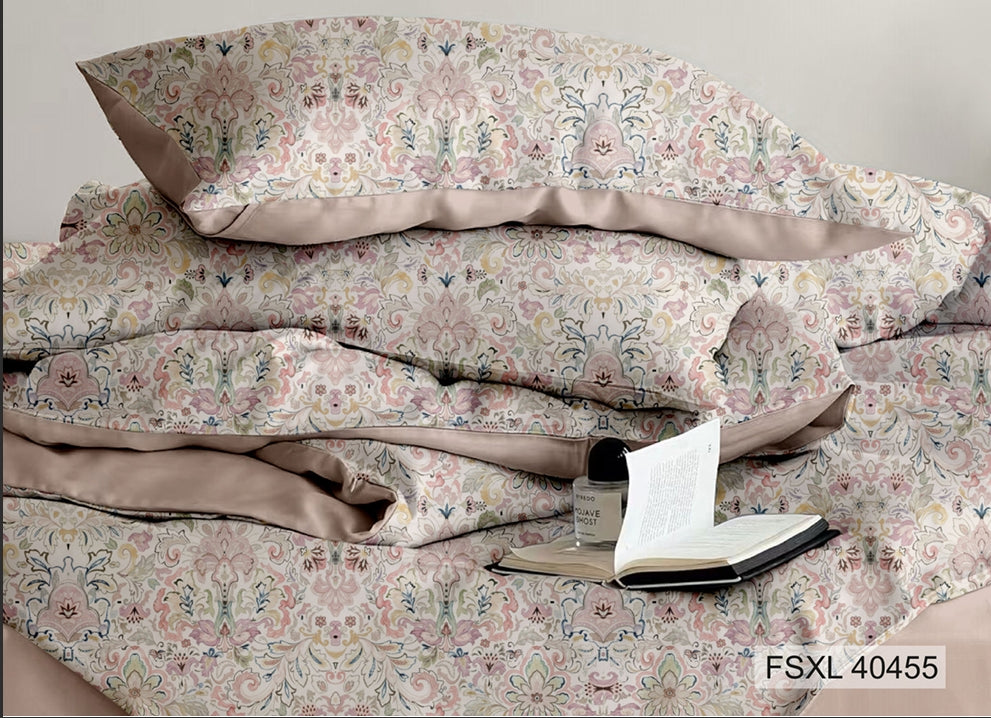 Blush ivory folk floral in pink and blue with taupe border, Four Seasons 350TC FSXL 40455