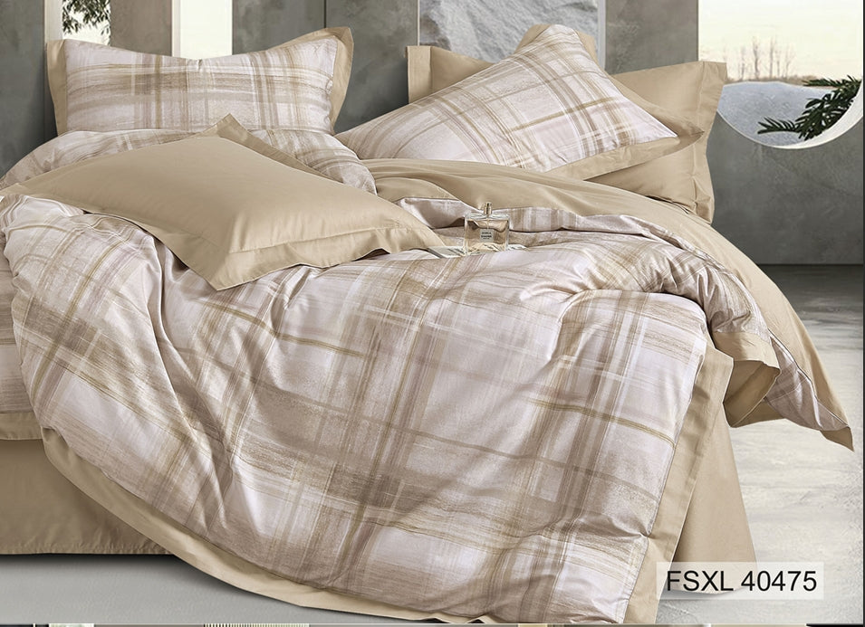 Beige and white plaid check bedding on a made bed, Four Seasons 350TC FSXL 40475