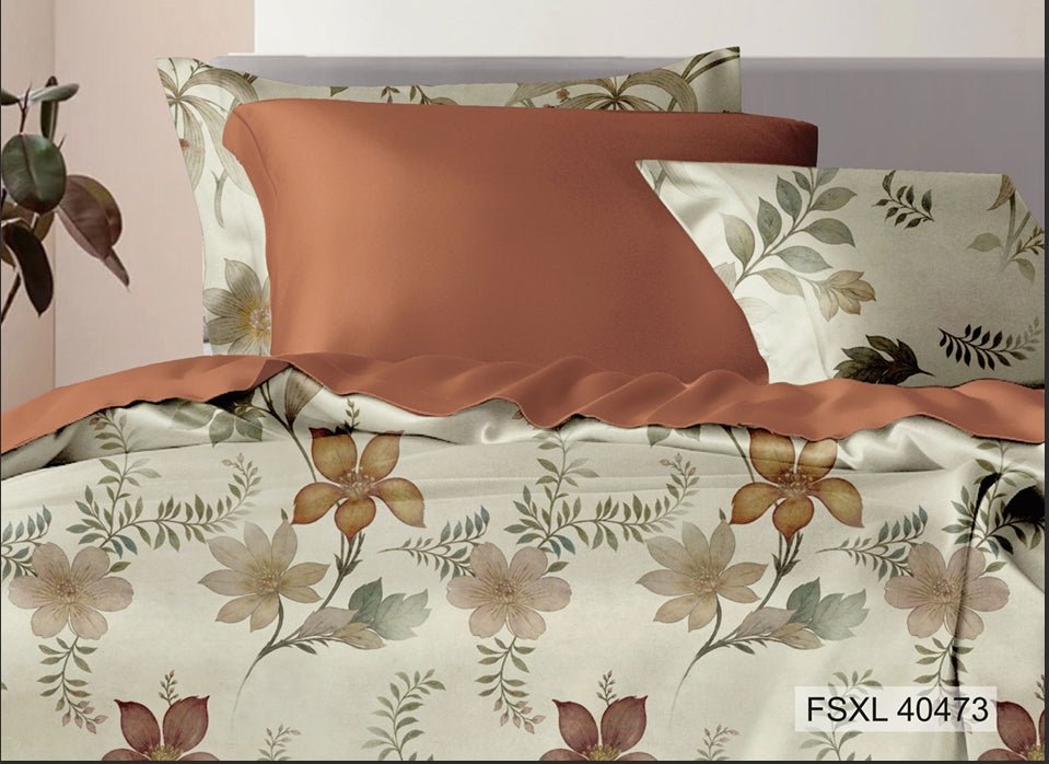 Ivory bedsheet with olive foliage and mustard blooms, Four Seasons 350TC FSXL 40473