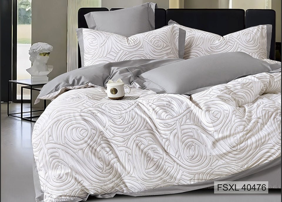 White on white swirling rose jacquard bedding, Four Seasons 350TC FSXL 40476