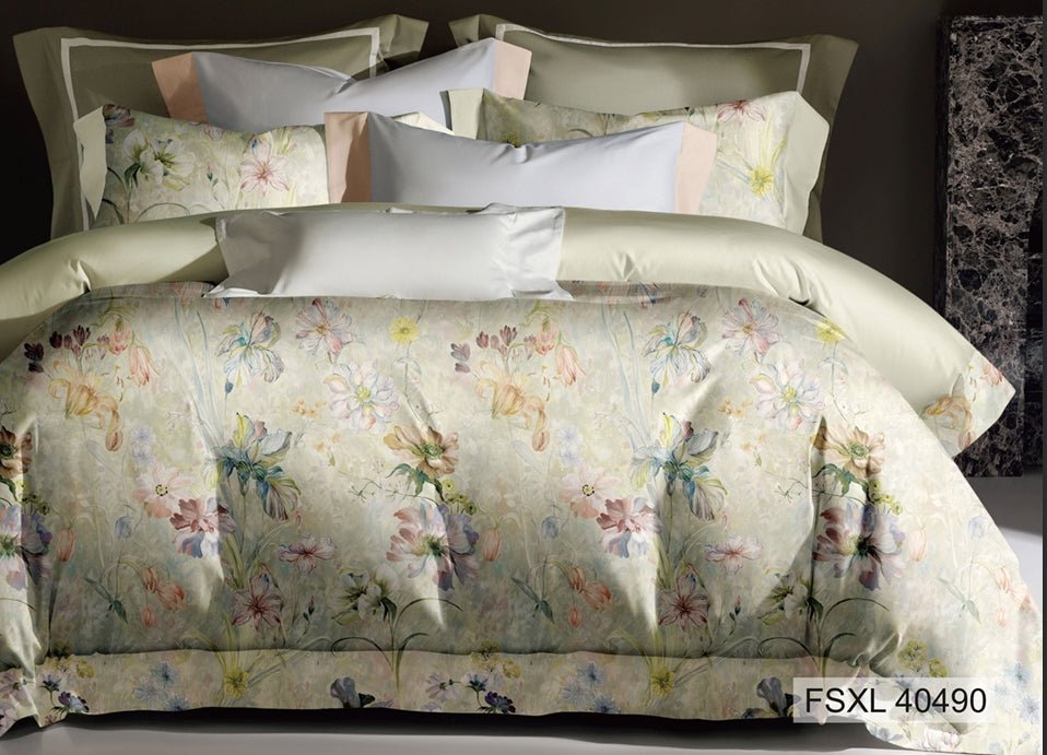 Sage and cream watercolour iris print bedding, Four Seasons 350TC FSXL 40490