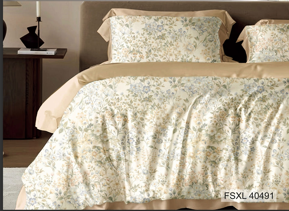 Ivory bedsheet with green and gold trailing floral, Four Seasons 350TC FSXL 40491