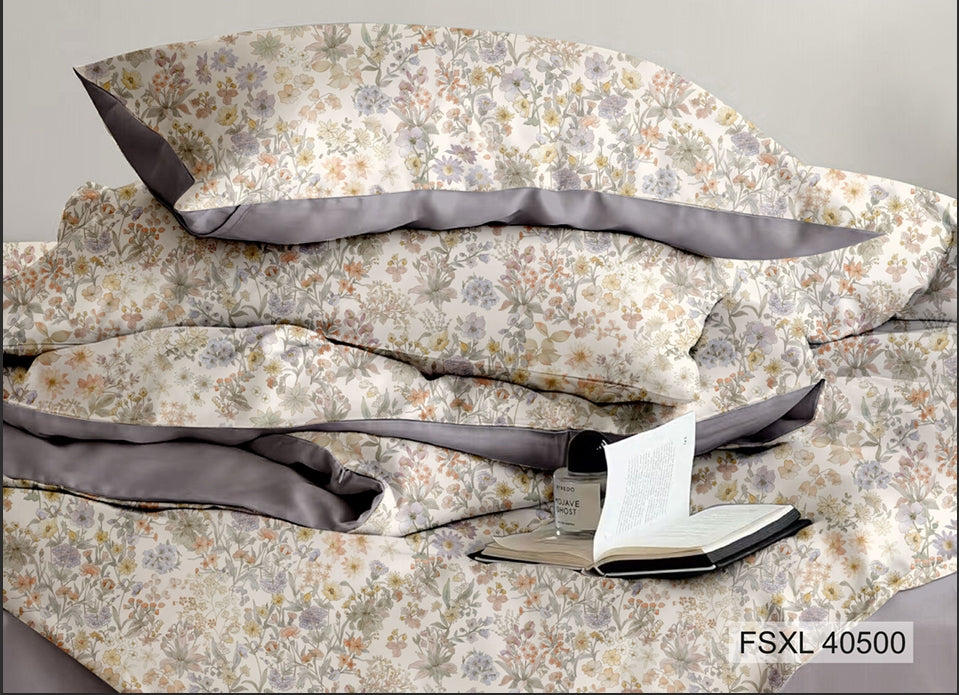Ivory meadow floral print with grey satin border, Four Seasons 350TC FSXL 40500