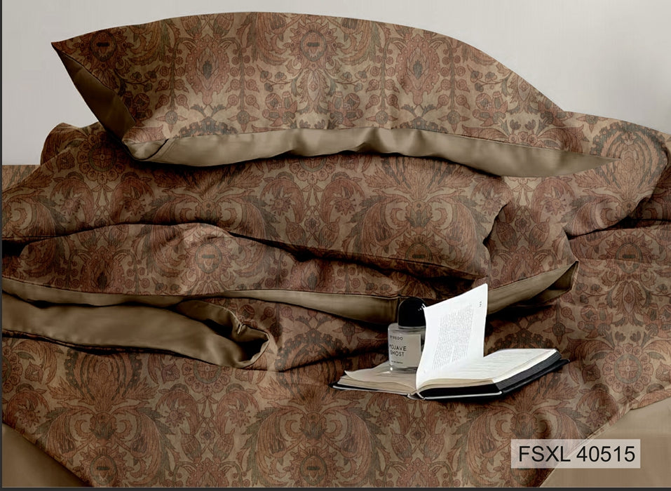 Brown and rose damask paisley with khaki border, Four Seasons 350TC FSXL 40515