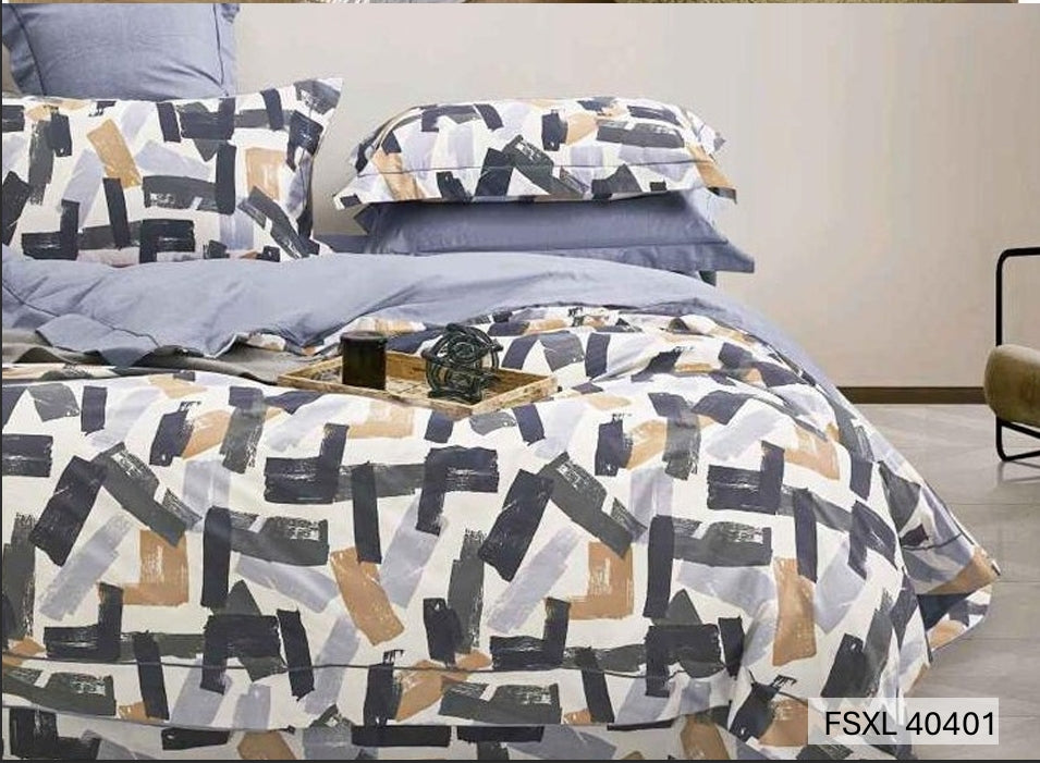 White bedding with charcoal and tan brushstroke blocks, Four Seasons 350TC FSXL 40401