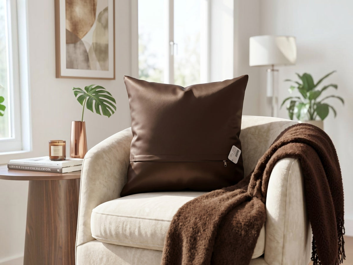 Smooth dark brown satin cushion cover on a cream armchair with a brown throw