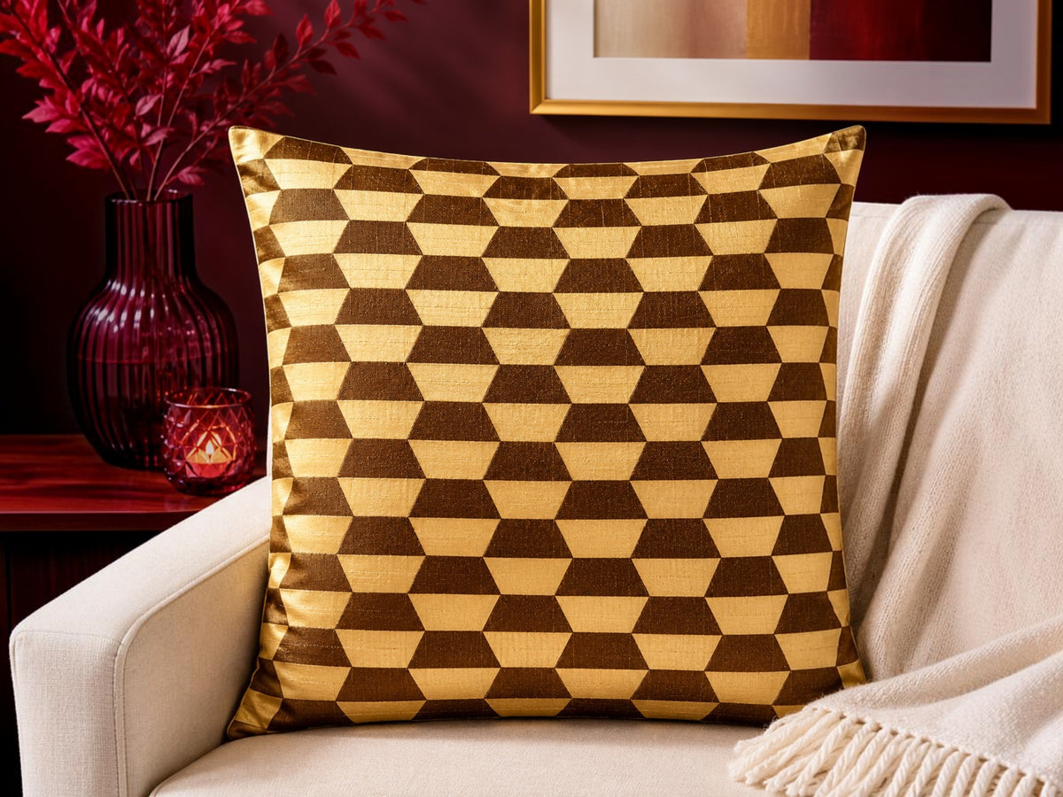 Gold geometric printed polysilk cushion cover with modern cube pattern