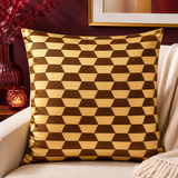 Gold geometric printed polysilk cushion cover with modern cube pattern