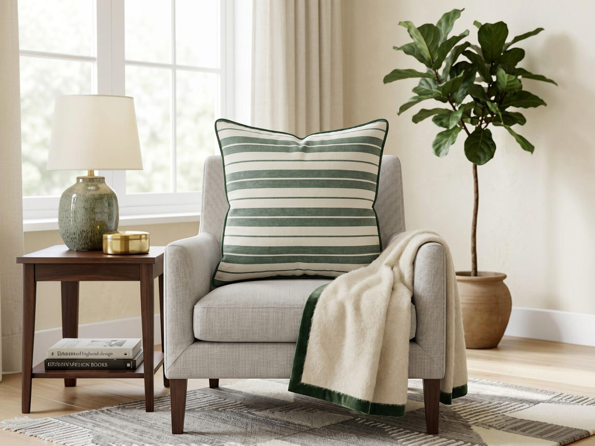 Green and white striped cotton cushion cover with contrast piping displayed on a beige accent chair