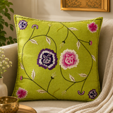 Green cotton cushion cover with floral embroidery and vine design