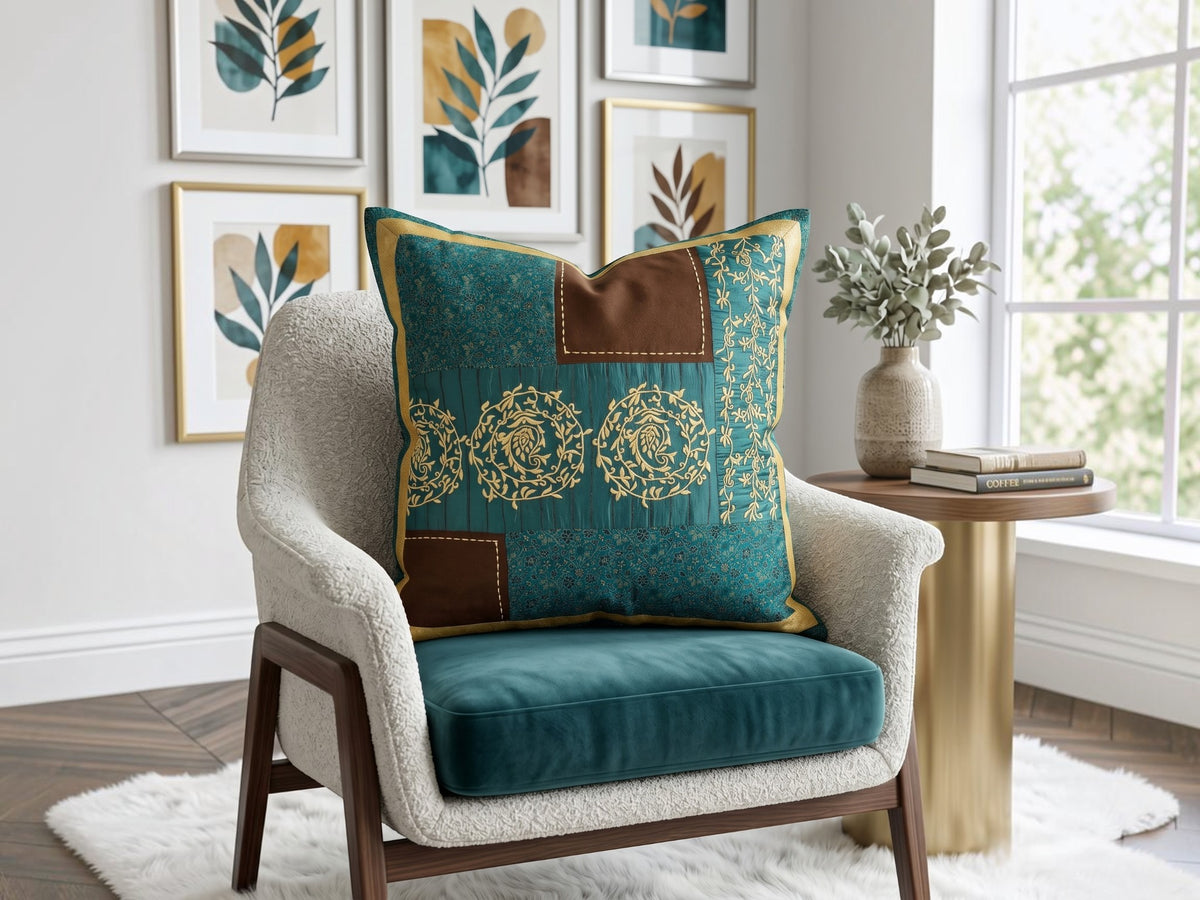 Green embroidered patchwork poly silk cushion cover with decorative ethnic