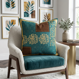 Green embroidered patchwork poly silk cushion cover with decorative ethnic 