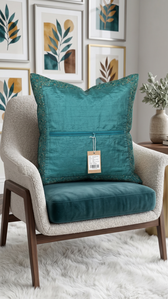 Green embroidered patchwork poly silk cushion cover with decorative ethnic motifs