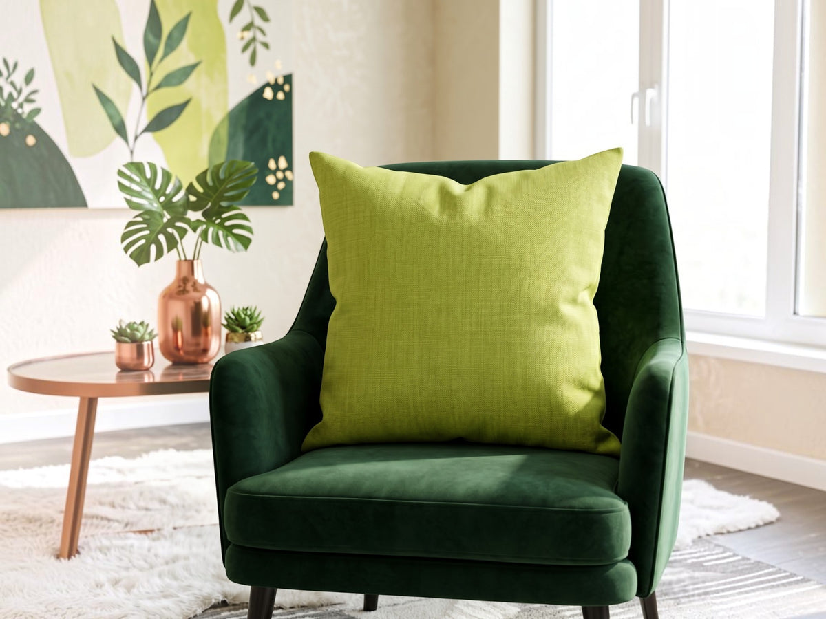 Green plain cotton cushion cover with subtle woven texture displayed on a dark green accent chair