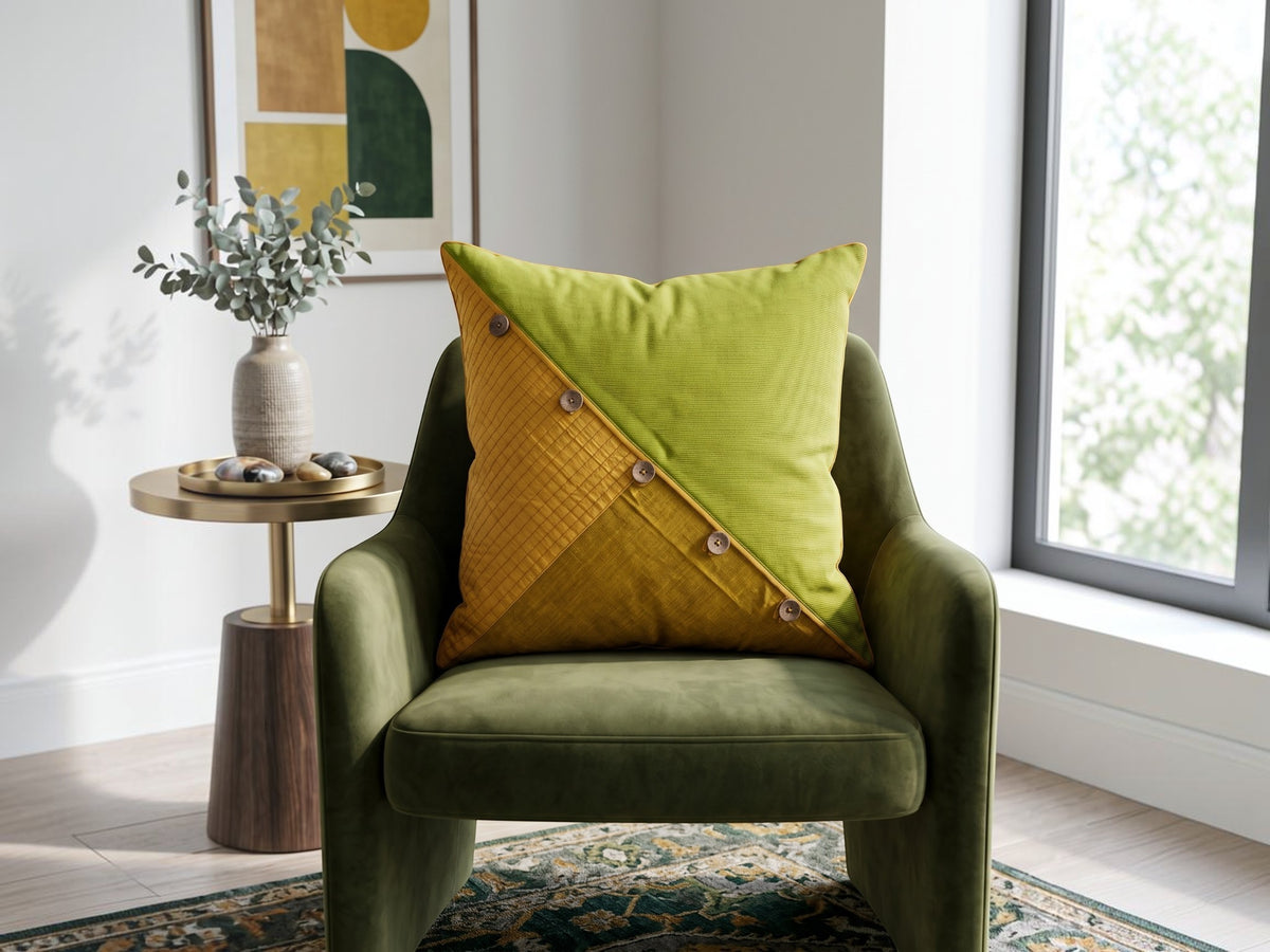 Green polysilk cushion cover with textured diagonal panel design and decorative button accents