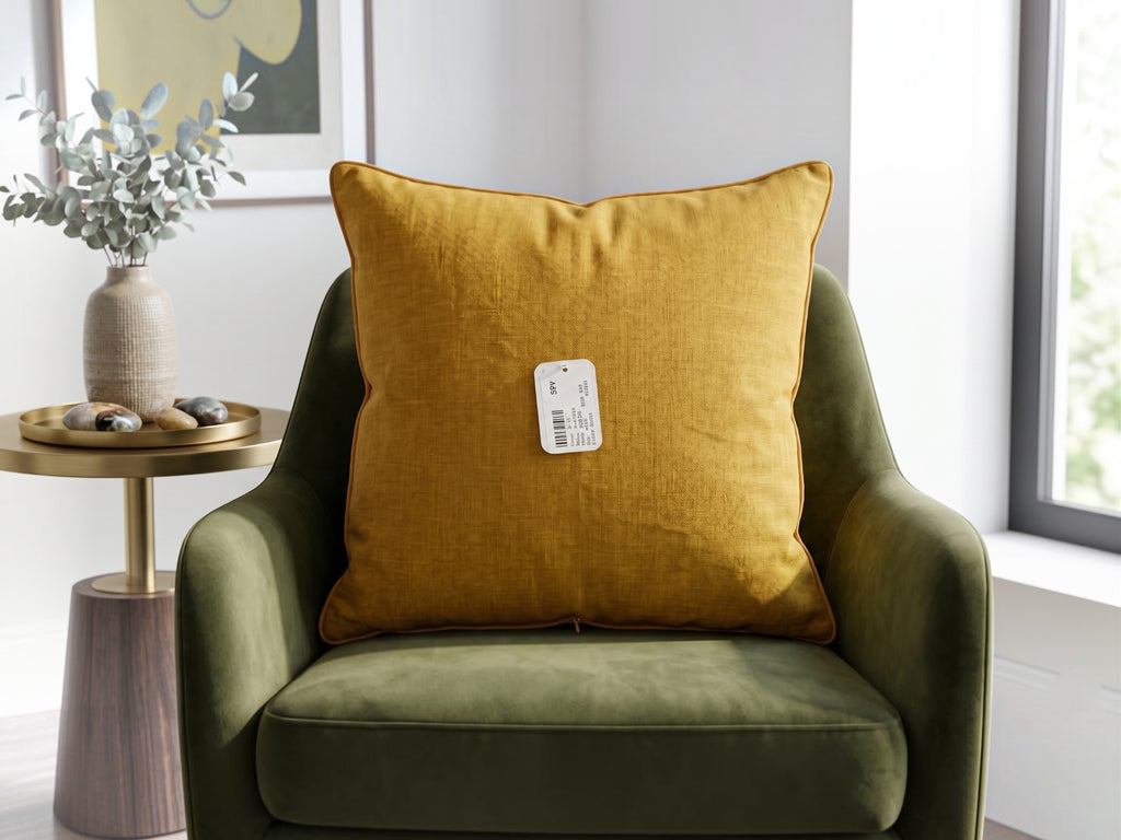 Green polysilk cushion cover with textured diagonal panel design and decorative button accents