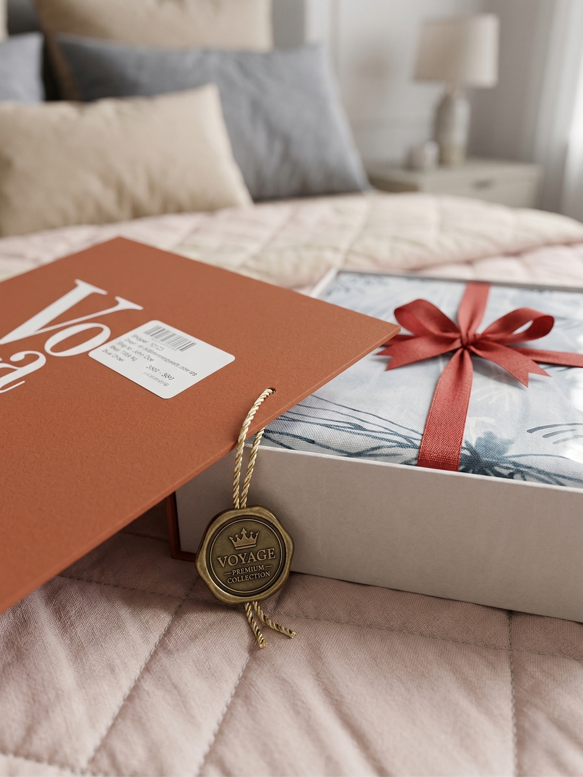 Voyage gift box open on a bed, the sheet tied with a red ribbon and a key charm tag