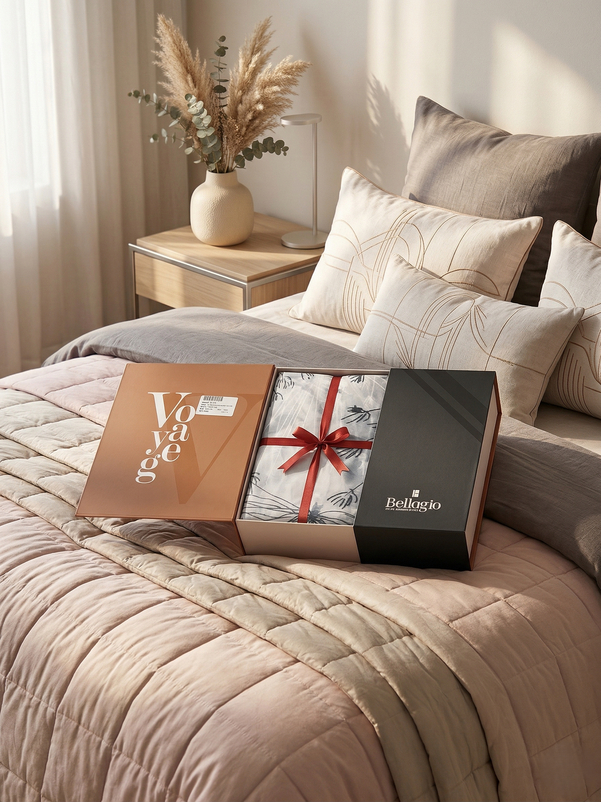 Three Voyage gift boxes side by side on a bed, showing the packaging