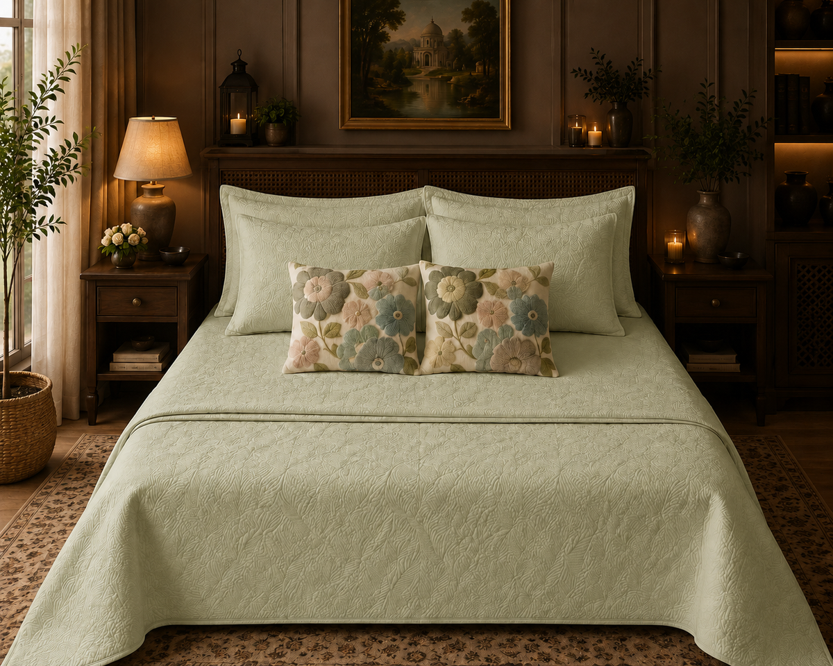 Maple light green floral quilted cotton bedcover set with embroidered cushion covers