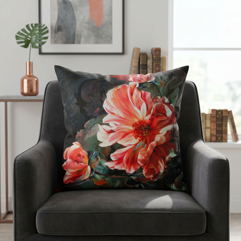 Multicolor floral velvet cushion cover featuring large coral and peach flowers on a dark artistic background