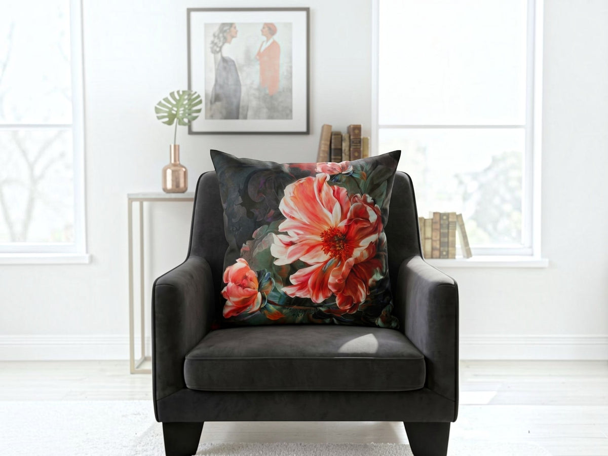 Multicolor floral velvet cushion cover featuring large coral and peach flowers on a dark artistic background
