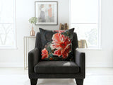 Multicolor floral velvet cushion cover featuring large coral and peach flowers on a dark artistic background