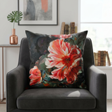 Multicolor floral velvet cushion cover featuring large coral and peach flowers on a dark artistic background