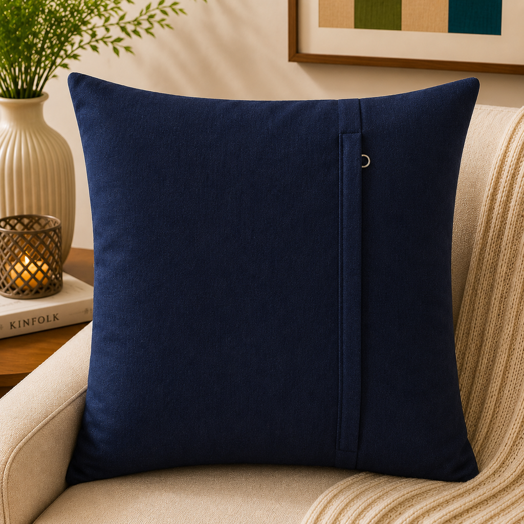 Navy blue velvet cushion cover with geometric dot pattern in beige and taupe tones