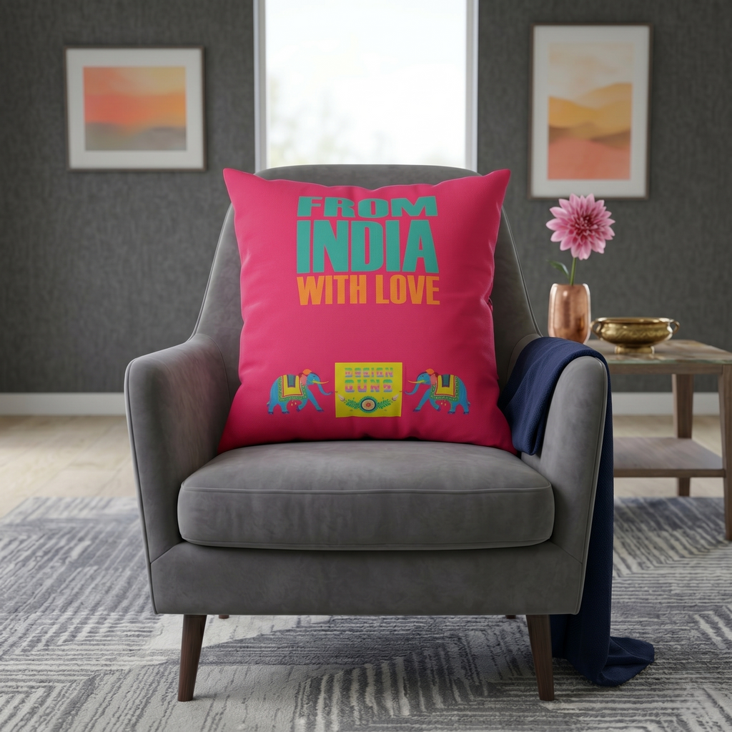 Pink reversible polysilk cushion cover with From India With Love graphic print and solid pink reverse side