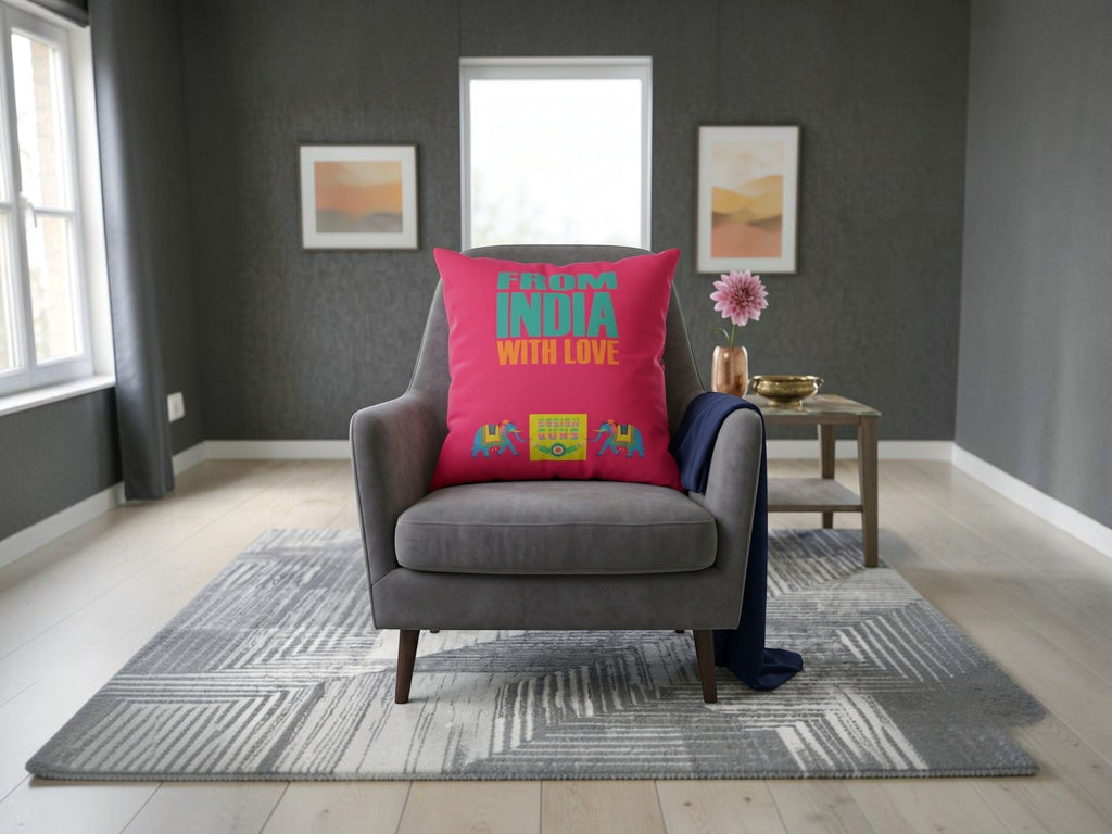 Pink reversible polysilk cushion cover with From India With Love graphic print and solid pink reverse side
