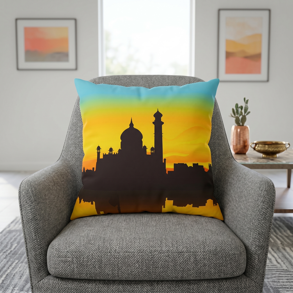 Pink reversible polysilk cushion cover with From India With Love graphic print and solid pink reverse side