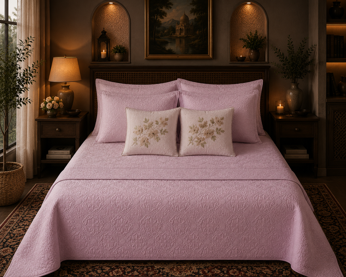Maple pink quilted floral cotton bedcover set with embroidered cushion covers