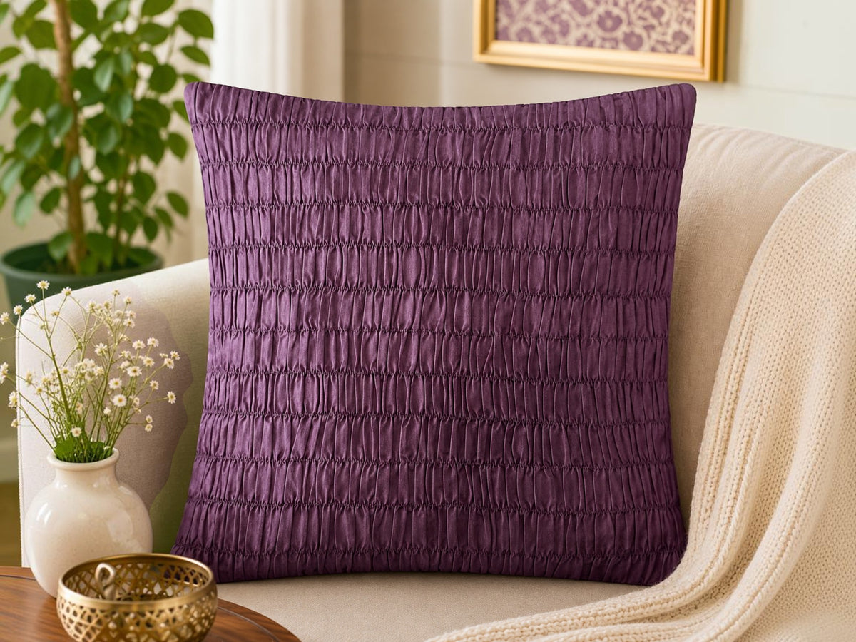 Purple cushion cover with ruched stripe textured design