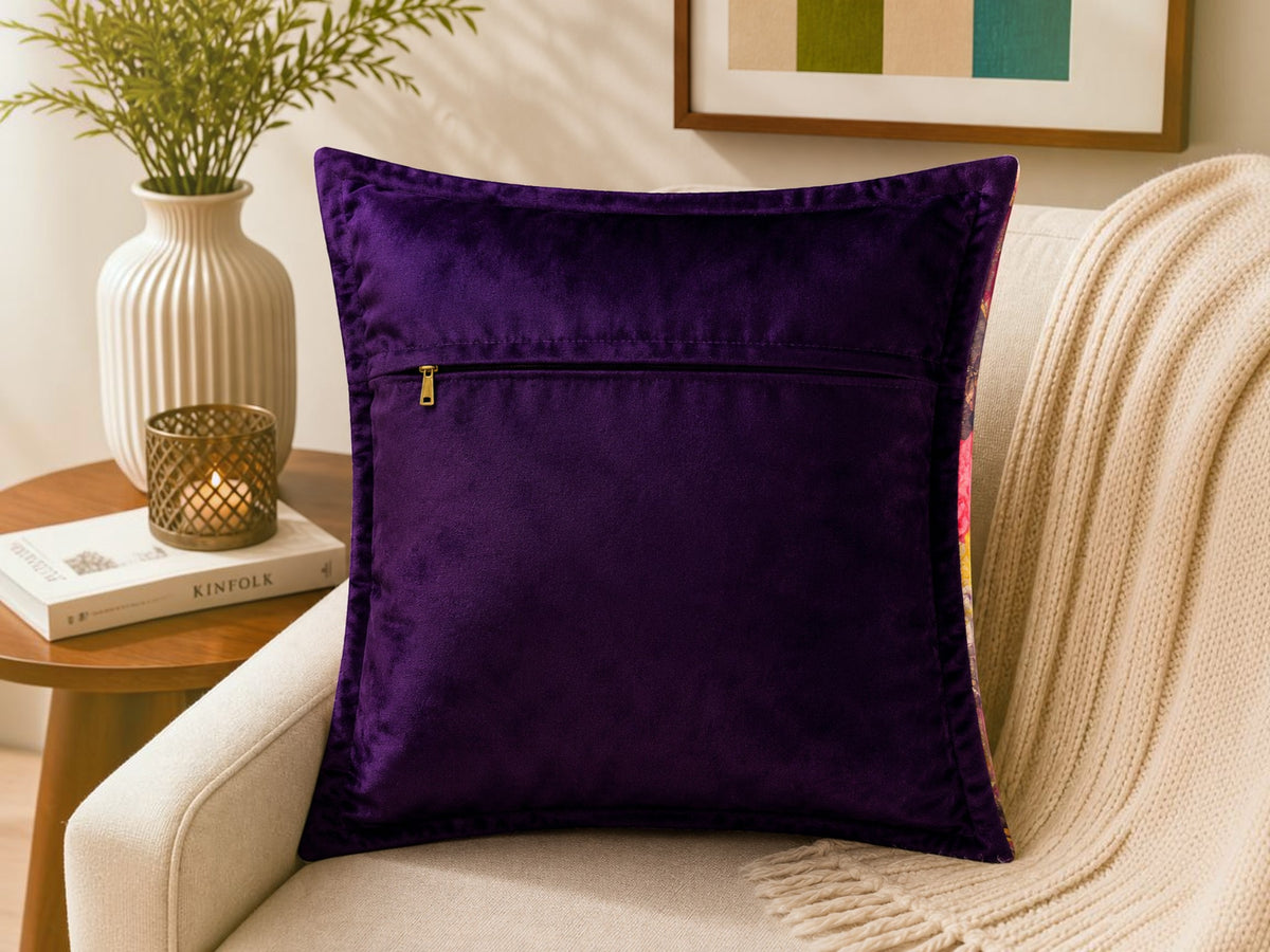 Purple velvet cushion cover with multicolor floral print design and vibrant roses