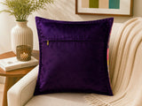 Purple velvet cushion cover with multicolor floral print design and vibrant roses