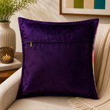 Purple velvet cushion cover with multicolor floral print design and vibrant roses