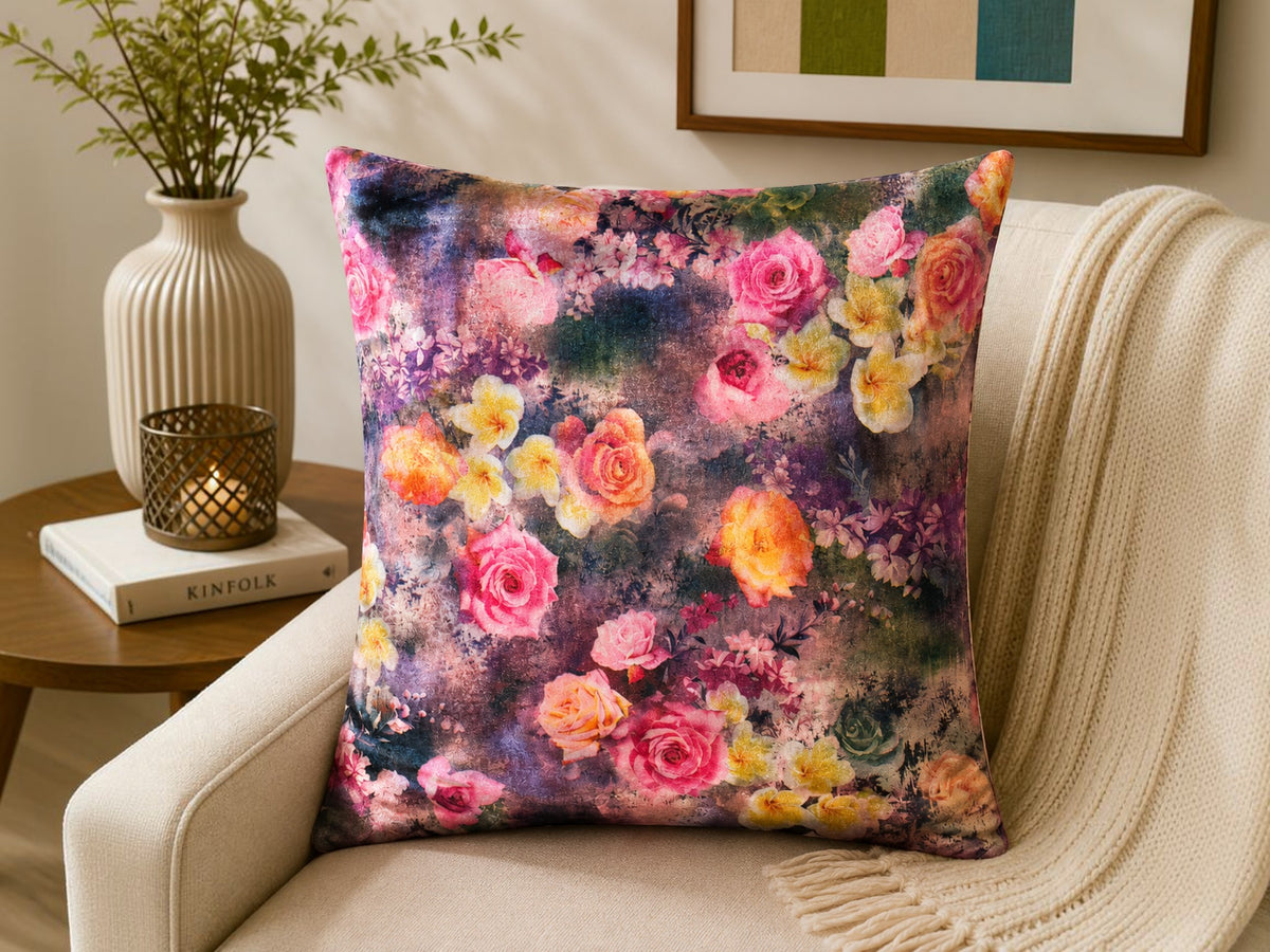 Purple velvet cushion cover with multicolor floral print design and vibrant roses