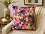 Purple velvet cushion cover with multicolor floral print design and vibrant roses