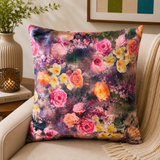 Purple velvet cushion cover with multicolor floral print design and vibrant roses